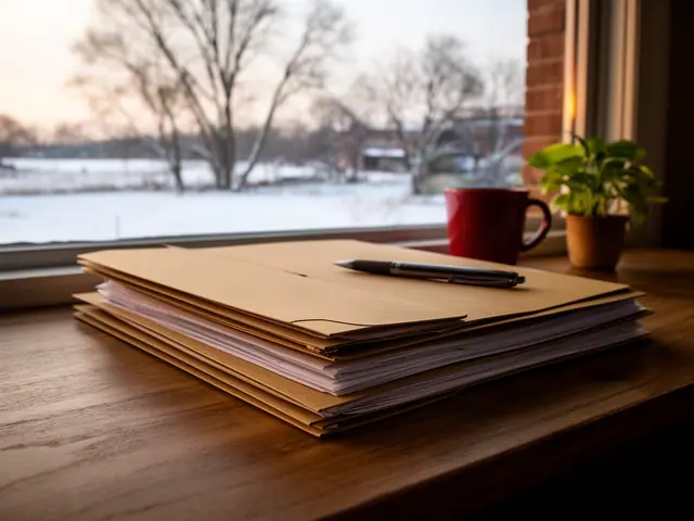 Stack of closed kraft folders with a pen on a desk by a window onto a snowy yard and bare trees