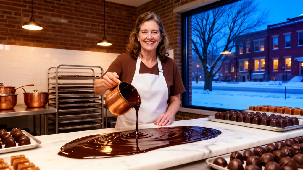 Smiling chocolatier pouring melted chocolate onto a marble slab in a warm candy kitchen, snowy street at dusk outside